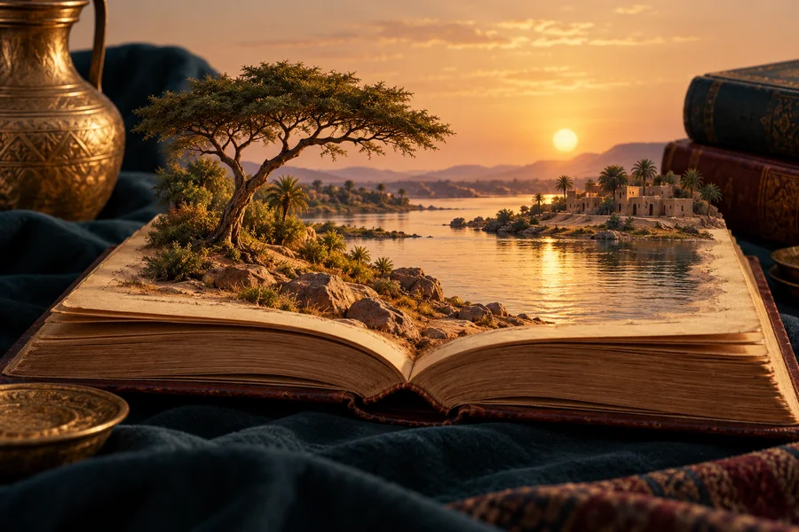تصميم تعبيري للقصص والذكريات: كتاب مفتوح ينبثق منه مشهد للنيل